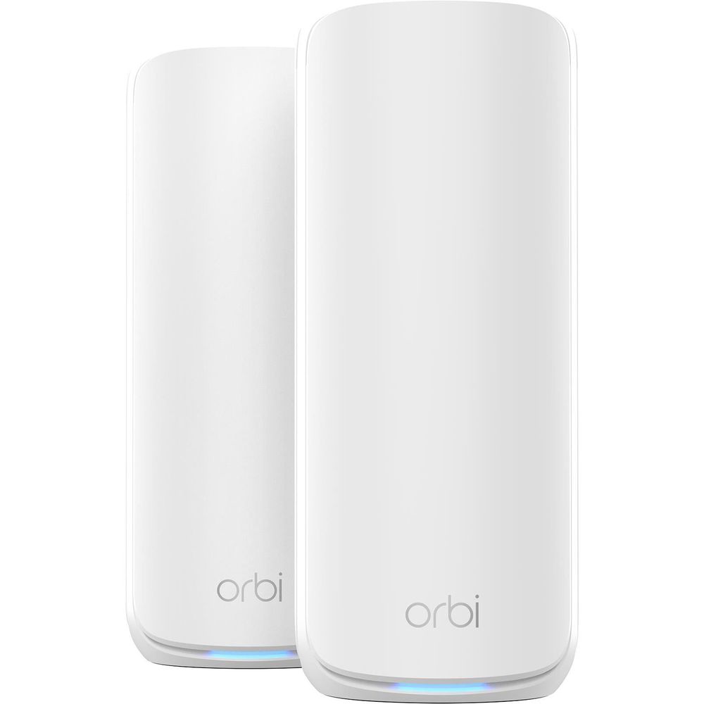 White Orbi WiFi 7 mesh router pair, front logos and soft blue status light