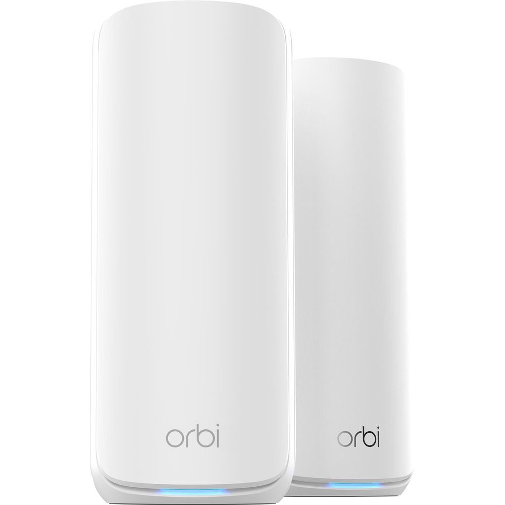 White Orbi WiFi 7 mesh router pair, angled front view with blue status strip