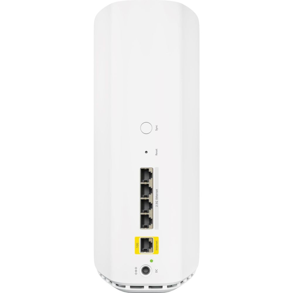 White Orbi WiFi 7 mesh router rear panel with Ethernet ports and power indicators