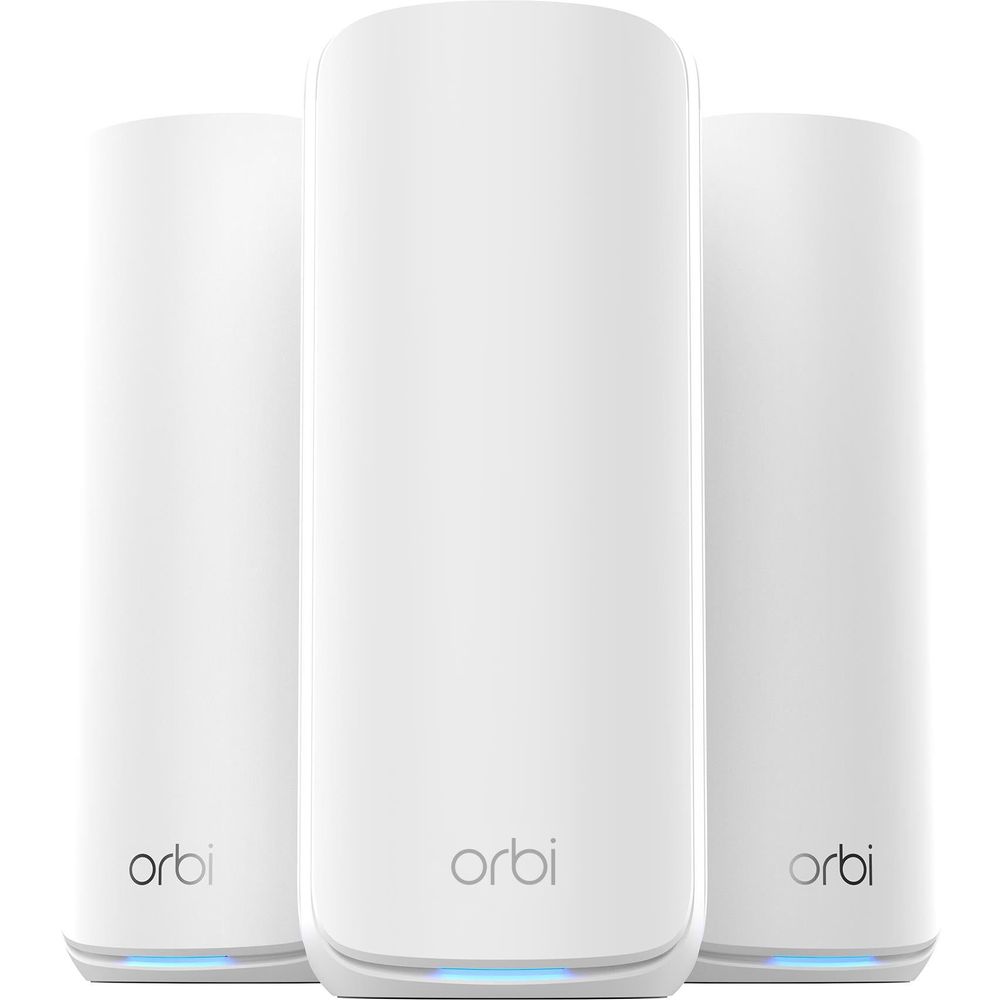 White Orbi tri-band mesh Wi‑Fi router node, front view with status LED