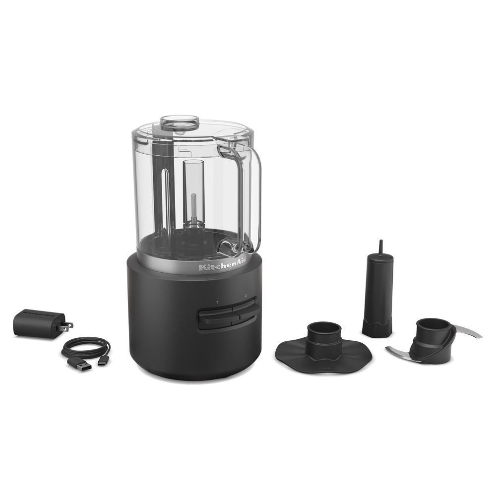 KitchenAid food chopper set: black base, clear bowl, and black attachments