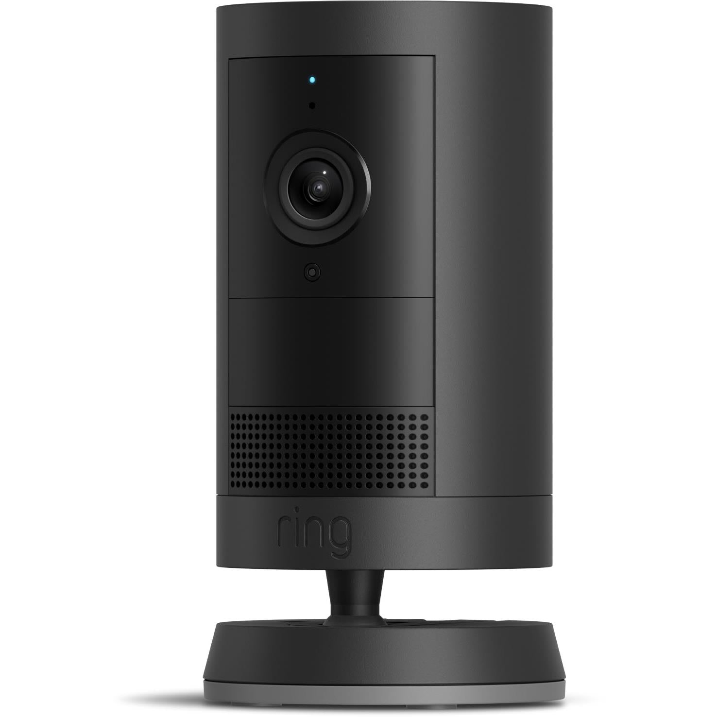 Black outdoor battery security camera front view with lens and speaker grille on stand