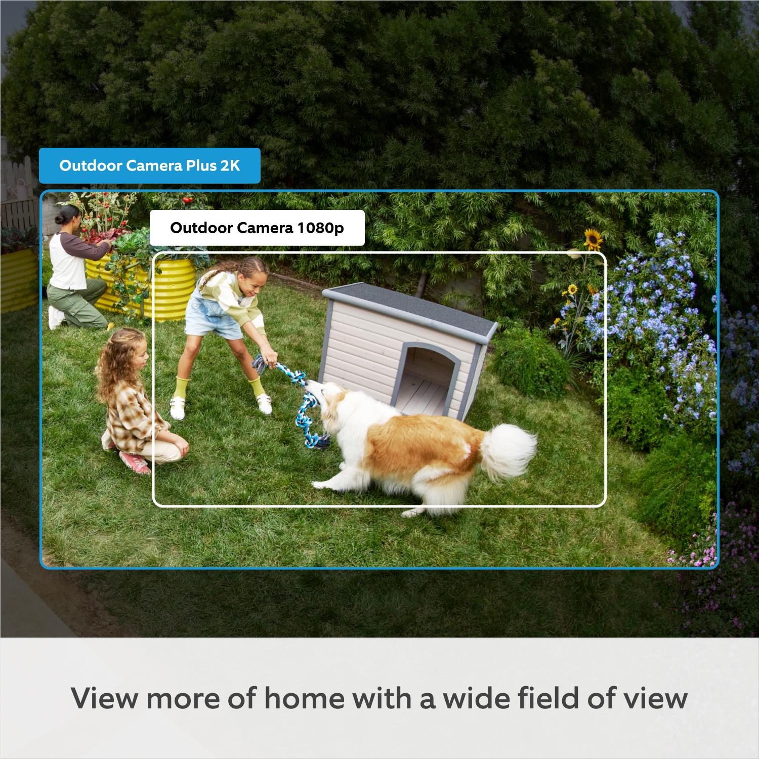 Outdoor security camera view displayed on a phone in a backyard scene