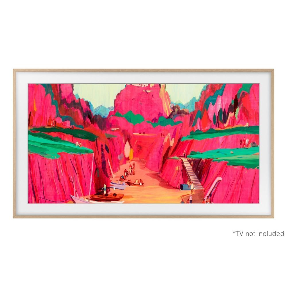 Teak TV bezel frame with light wood border and colorful display