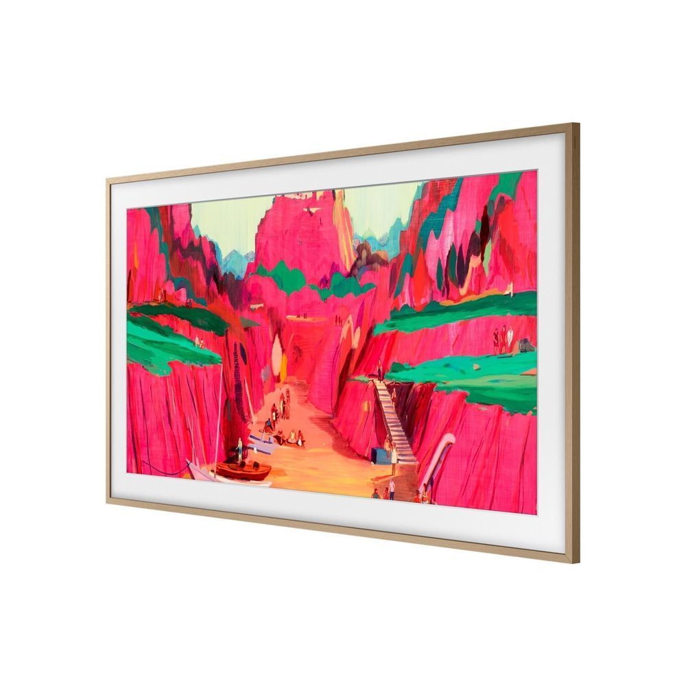 Light teak TV bezel frame with thin border around the screen
