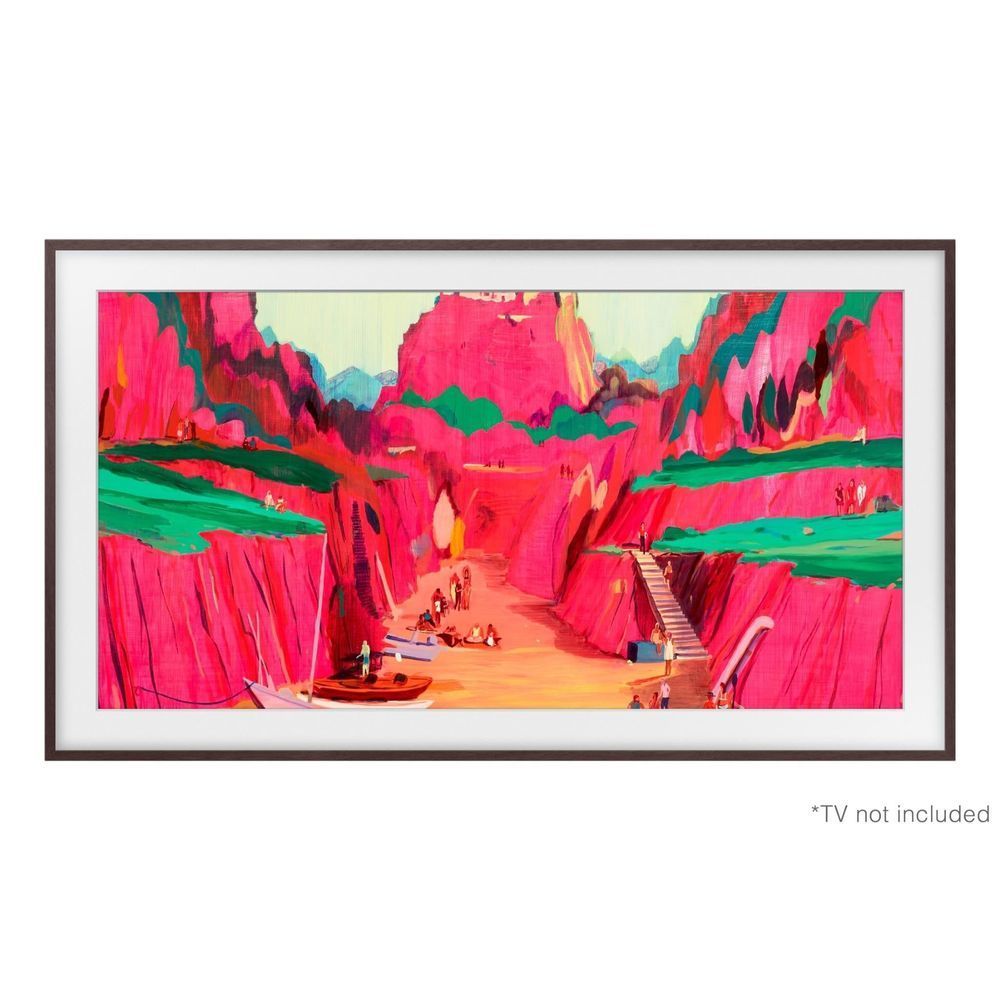 Brown Samsung Frame TV bezel with colorful landscape artwork inside frame