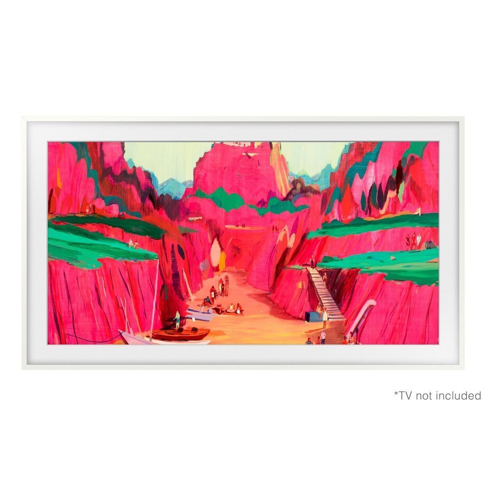Samsung Frame TV bezel frame, white picture-frame style with front view and display