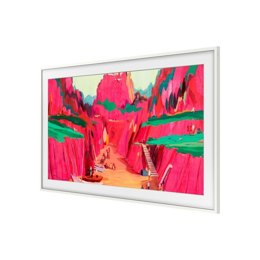Samsung Frame TV bezel frame, white thin border with front angled view