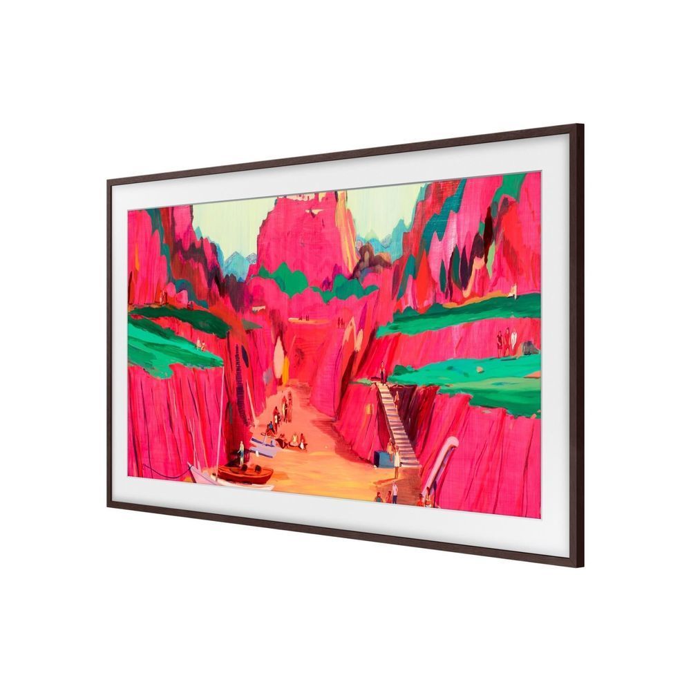 Brown rectangular TV frame bezel with abstract landscape art, front view