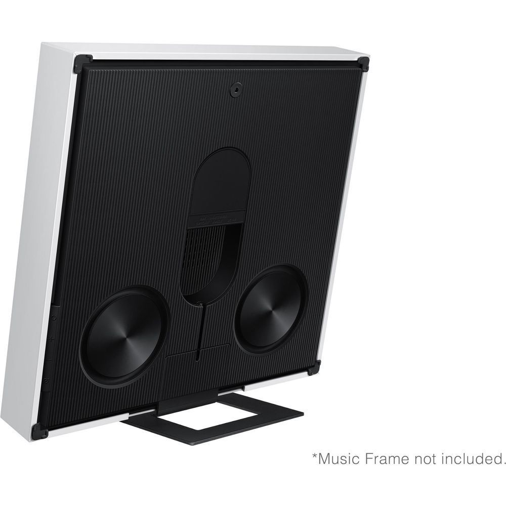 White bezel frame back panel with black grille and two circular speaker openings