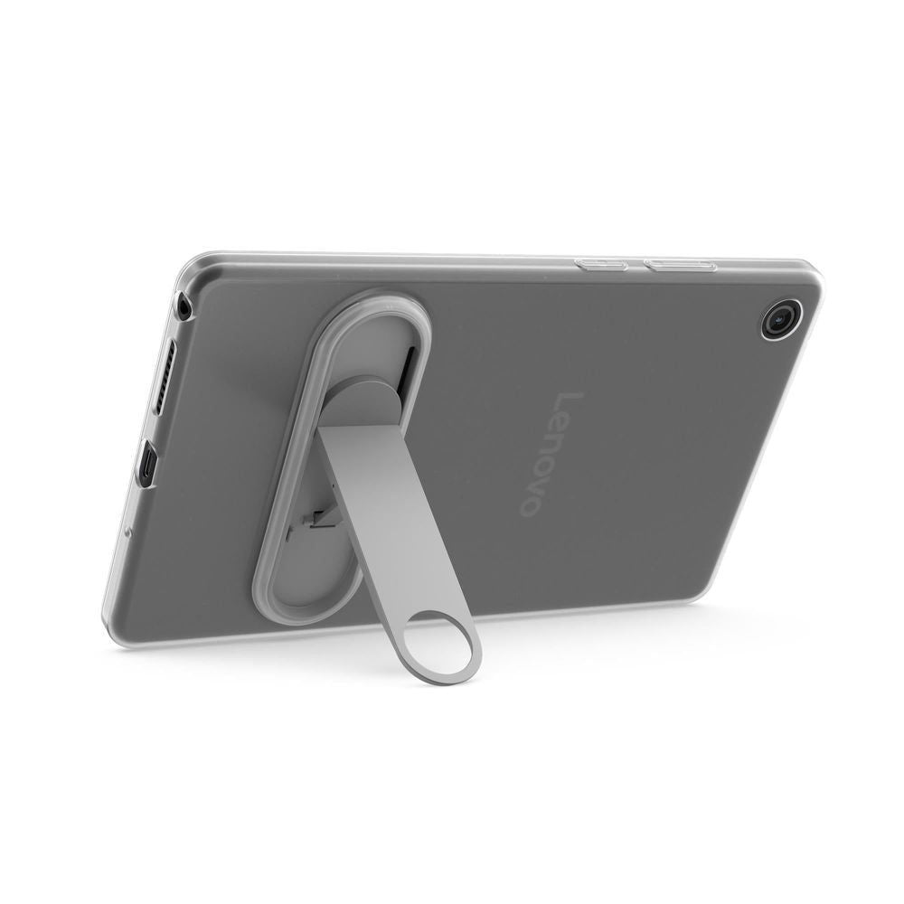 Lenovo tablet in clear case with kickstand, back view