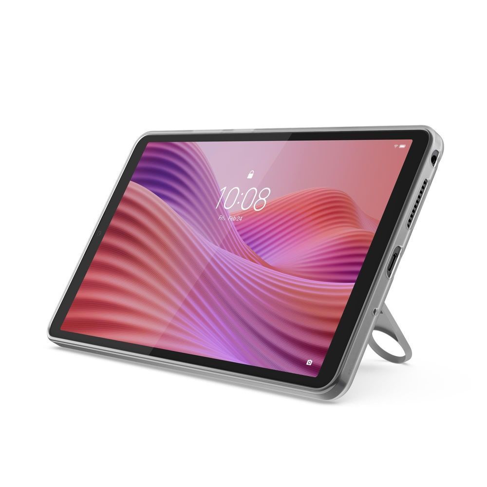 Lenovo tablet with clear case and kickstand, front angled view
