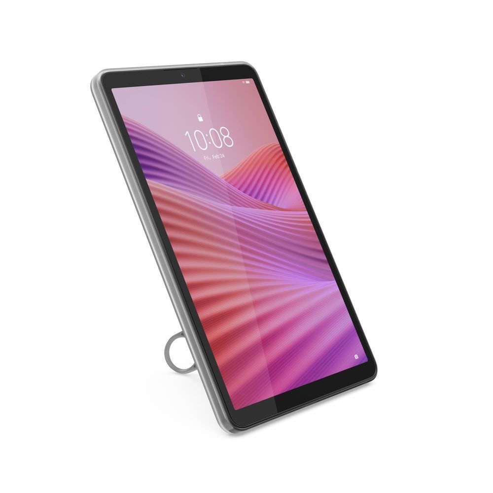 Lenovo tablet with clear case and kickstand, standing portrait view