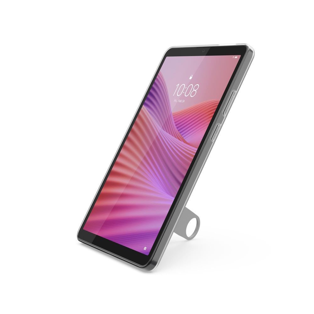Lenovo tablet with clear case and kickstand, standing angled view