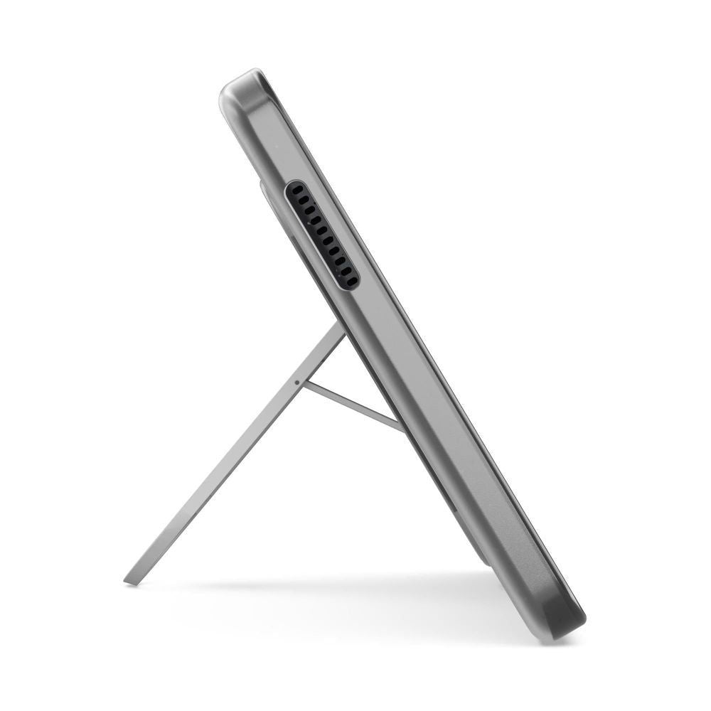Lenovo tablet side view with ports and buttons, in clear case