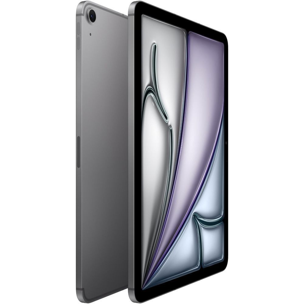 Space gray tablet angled view with back visible