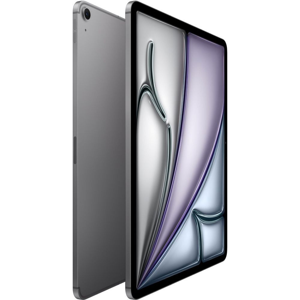 Apple iPad Air tablet, space grey back and front angled view