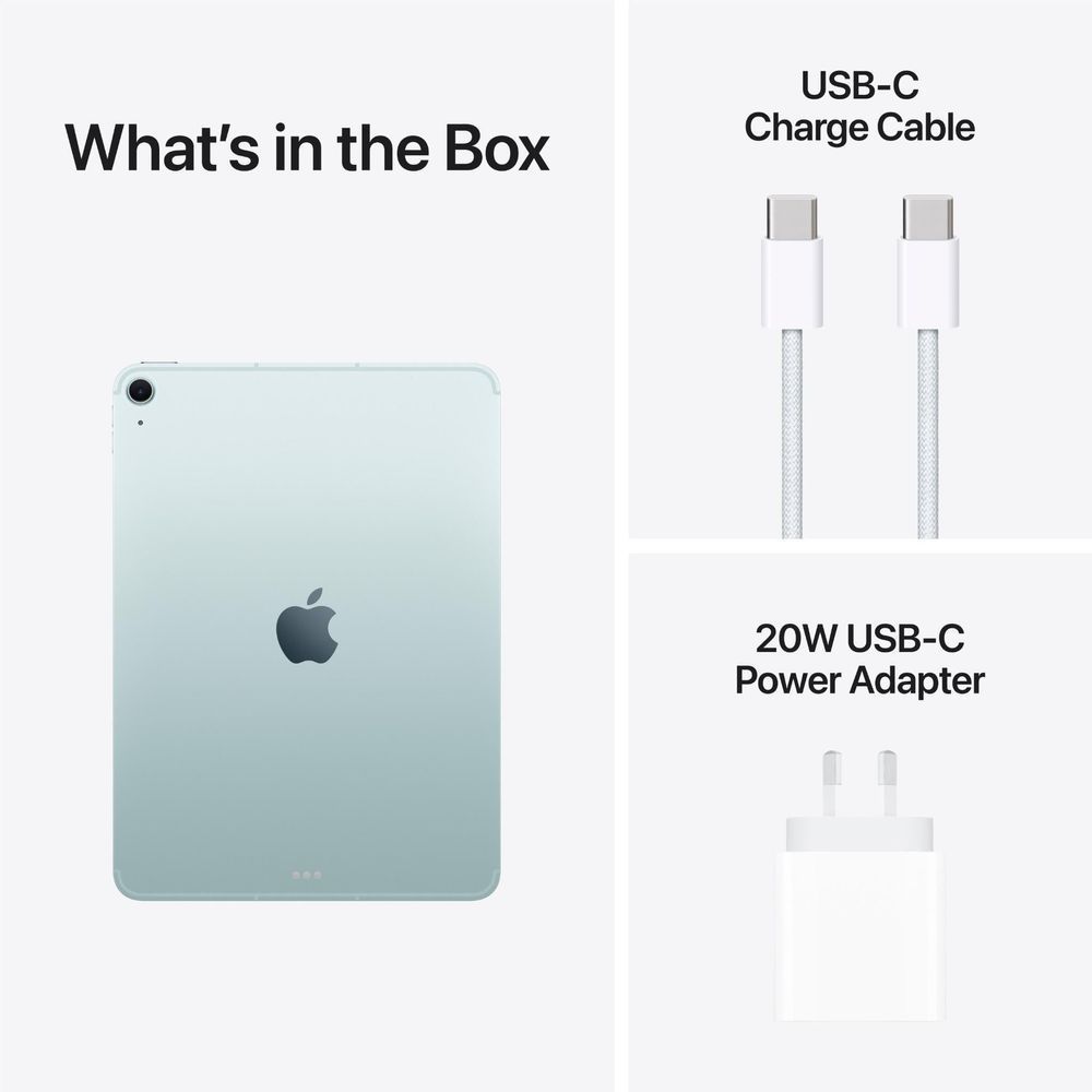 iPad Air setup includes back tablet, USB-C charge cable, and 20W power adapter