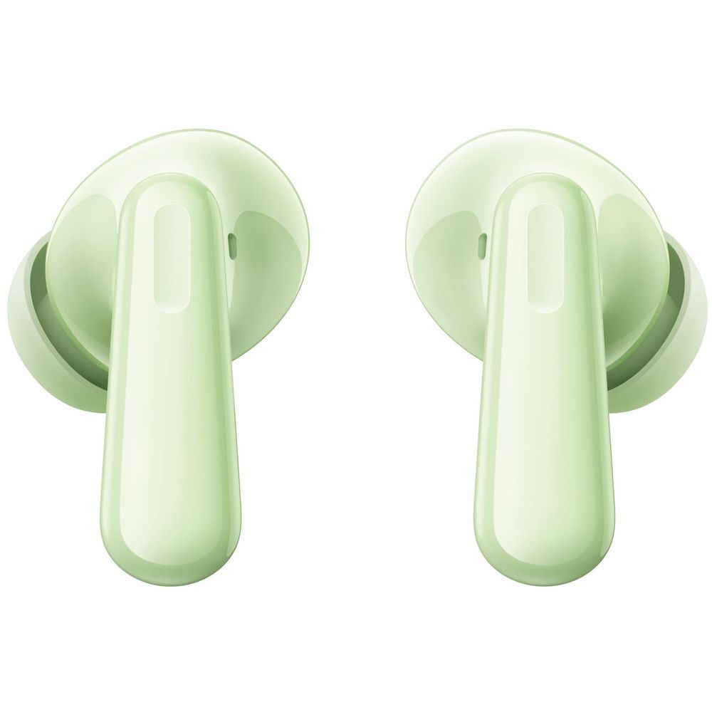Mint green earbuds with glossy finish, earbuds and tips facing forward