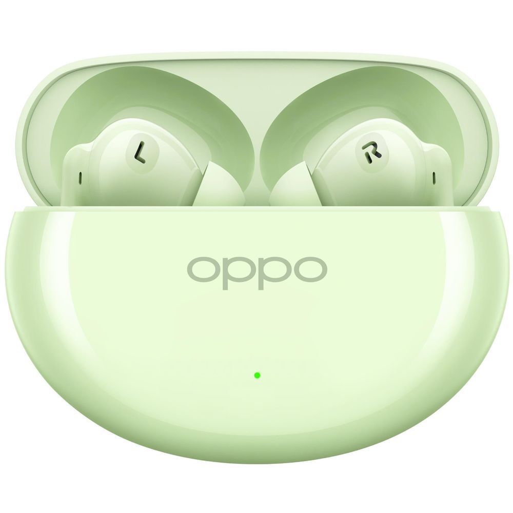Mint green OPPO charging case with earbuds inside, left and right facing out