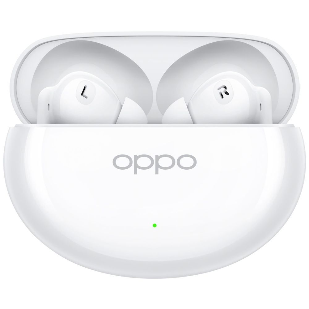 Silky white OPPO Enco Air4 earbuds in charging case with OPPO logo
