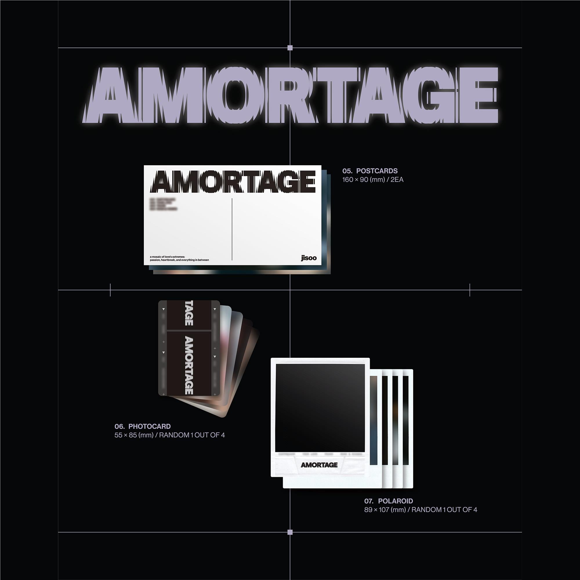 Black collectible photo card set with booklet, cards, and polaroid-style prints