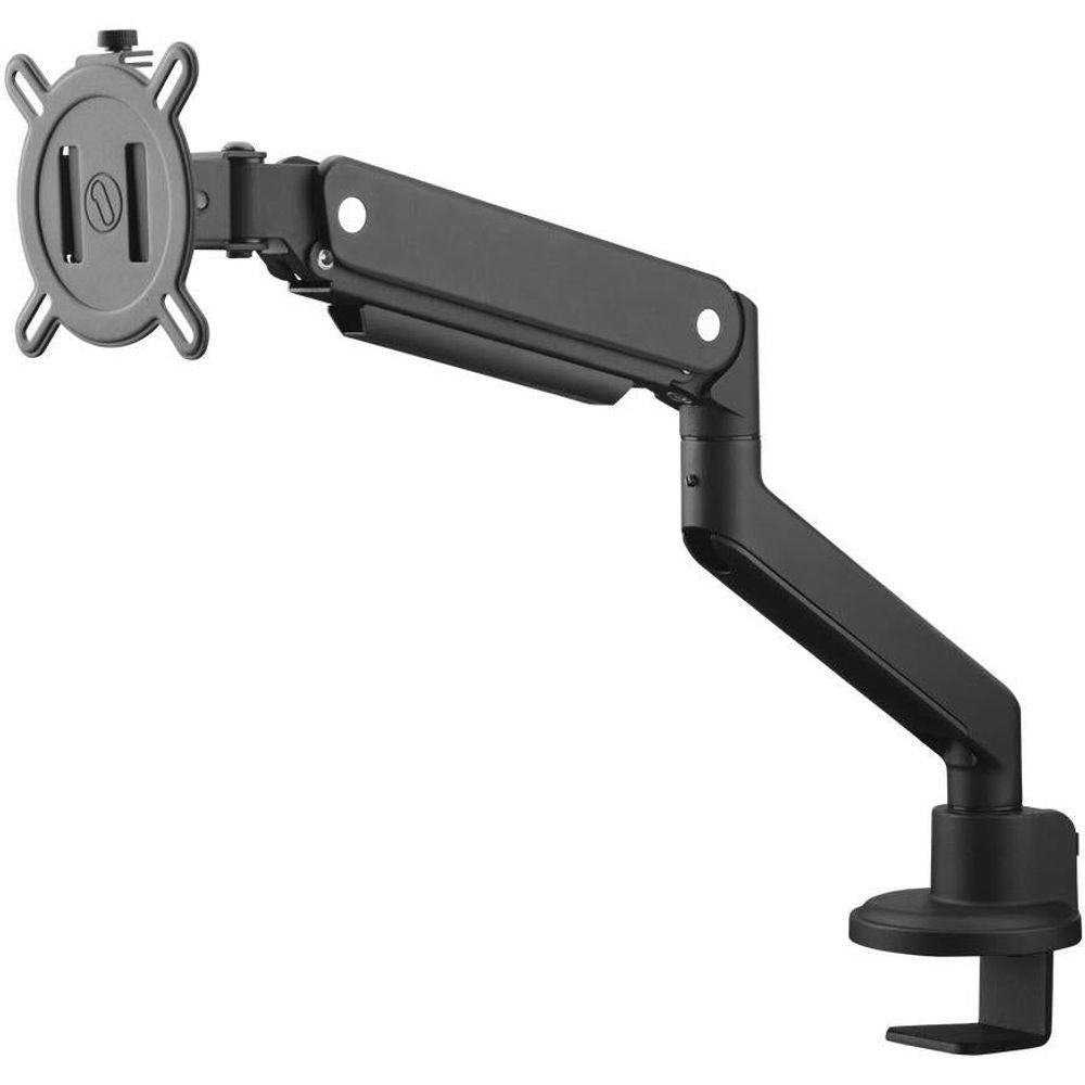 Black single monitor arm with VESA mount plate and adjustable articulated swing