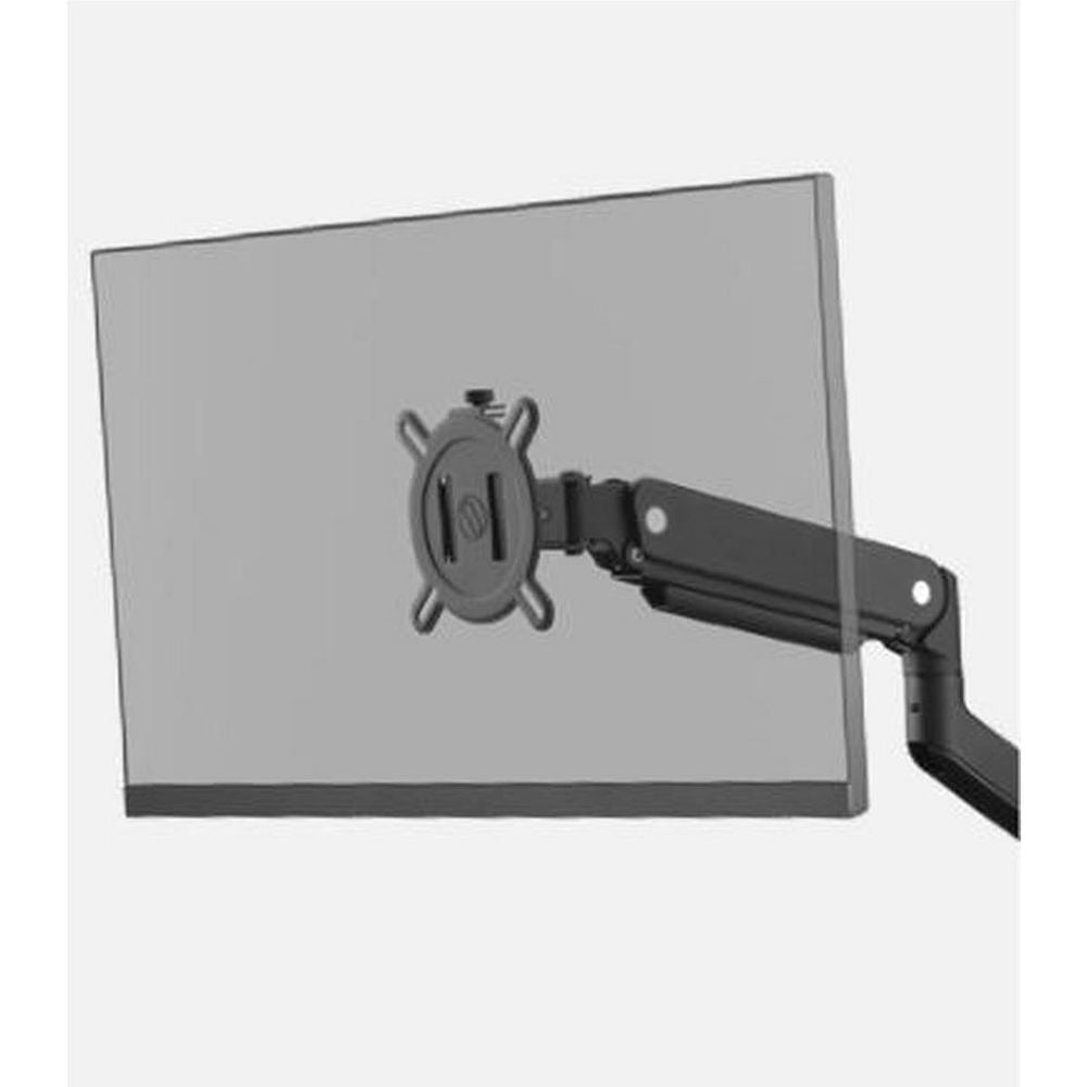 Black single monitor arm with VESA mount attached to a monitor side view