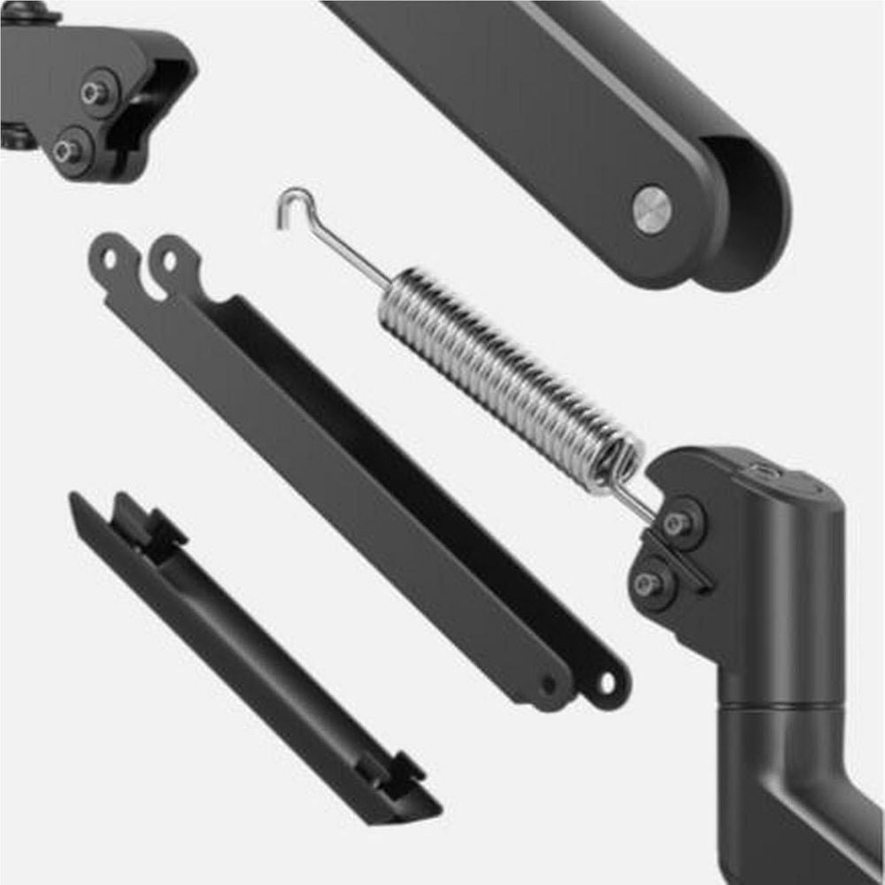 Black monitor arm mounting kit with arm segments, spring, and bracket pieces