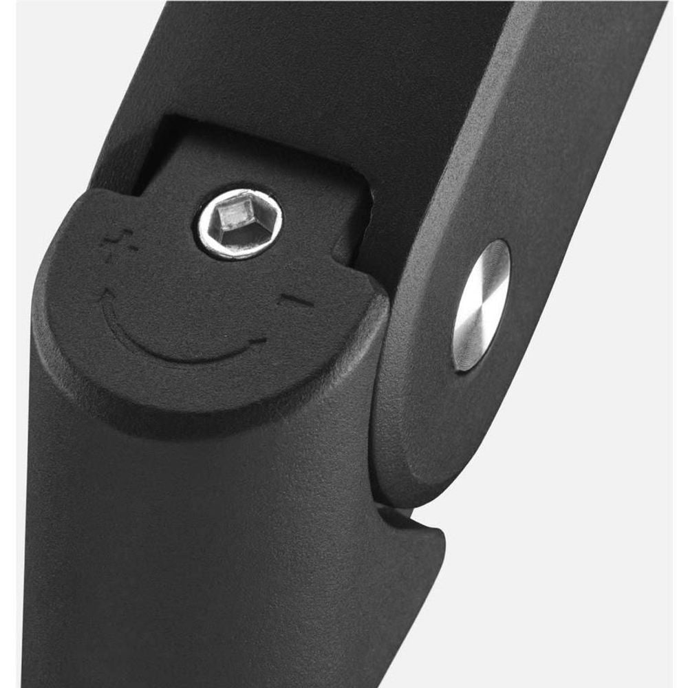 Black monitor arm pivot joint with a metal hex-head bolt and locking shape
