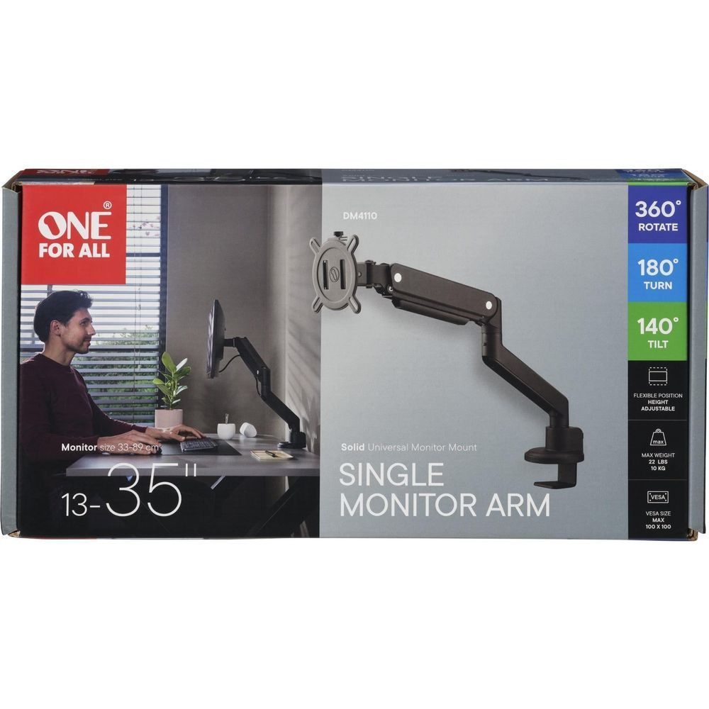 One For All single monitor arm retail box showing arm and mounting features