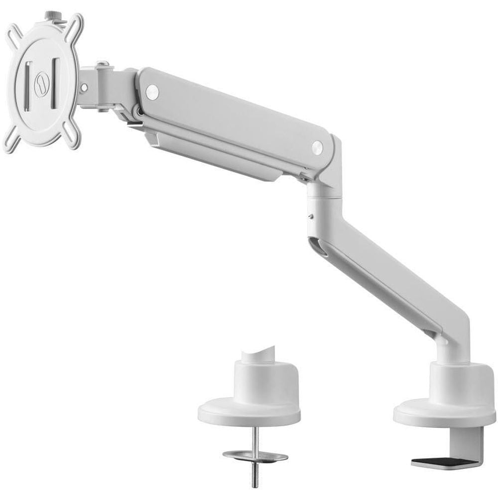 Single monitor arm with VESA back plate, white pole and base clamp, height-ready