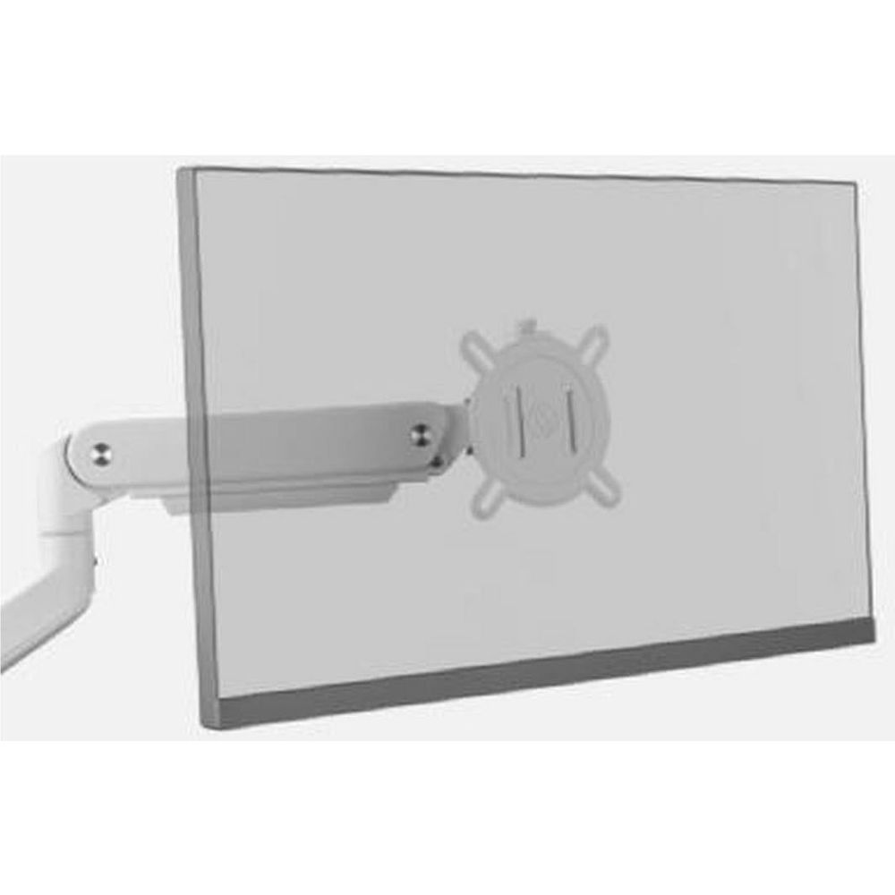White monitor arm secured to wall plate with VESA bracket