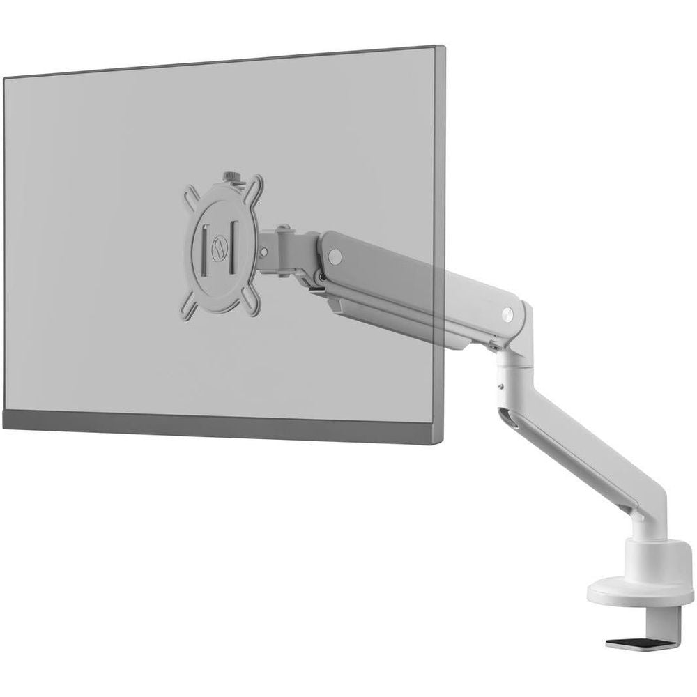White single monitor arm with VESA mount holding a flat display