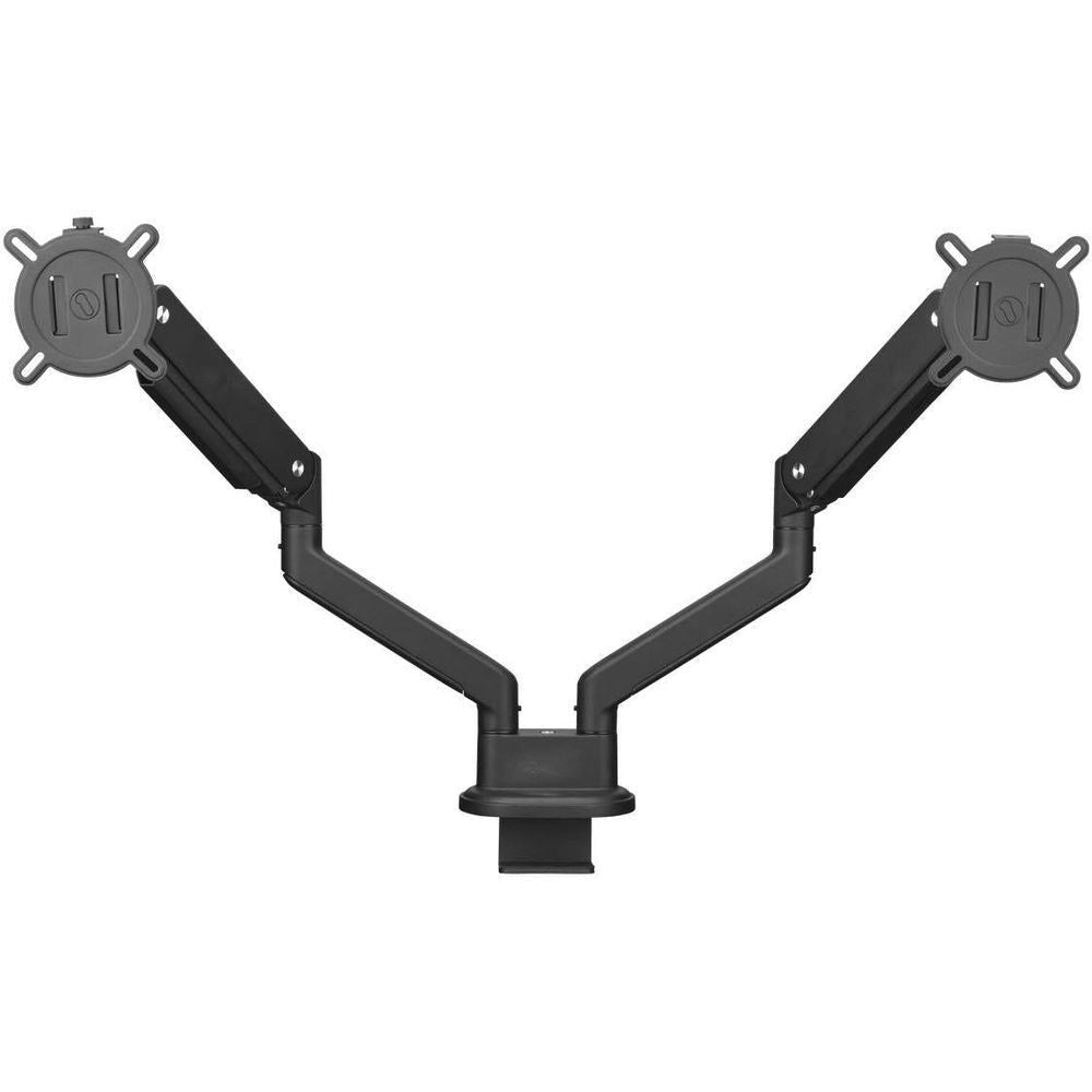 Black dual monitor arm with two circular VESA mounts, folding double-joint design