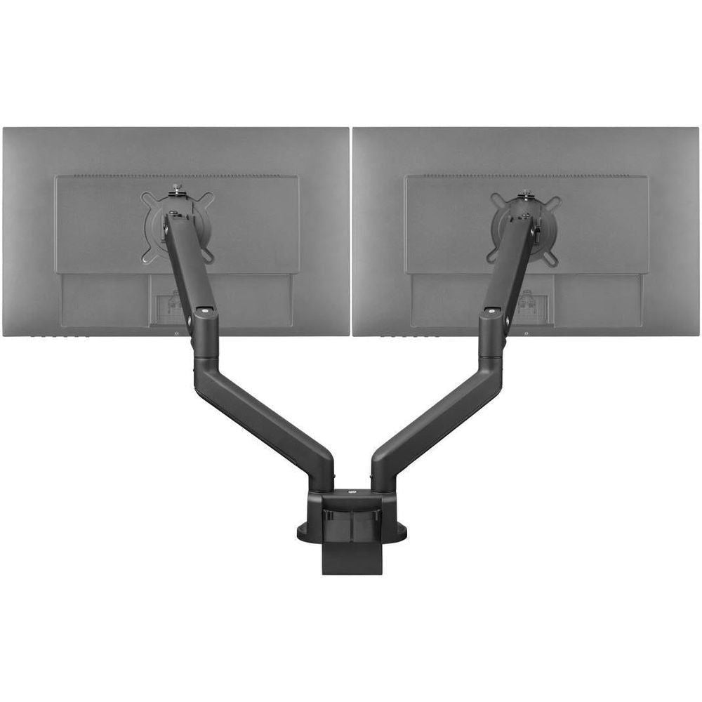 Black dual monitor arm with two VESA plates and central clamp base