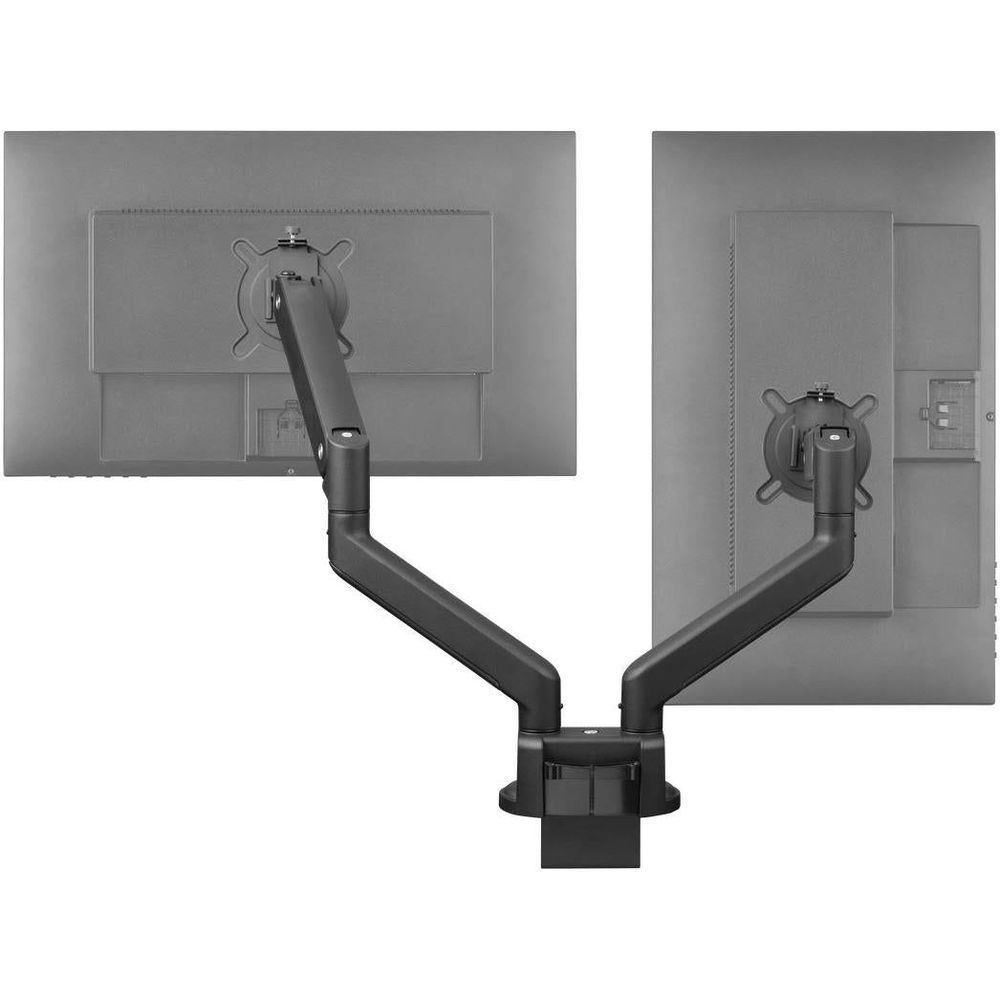 Black dual monitor arm with two VESA mounts and adjustable angled arms