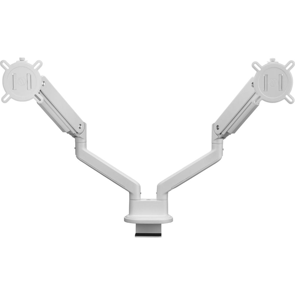 White dual monitor arm with V-shaped support and two round wall-mount plates