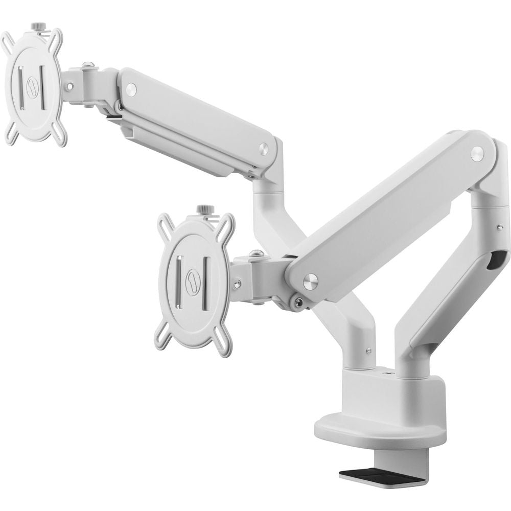 White dual monitor arm with two articulated bars and round monitor mounting plates
