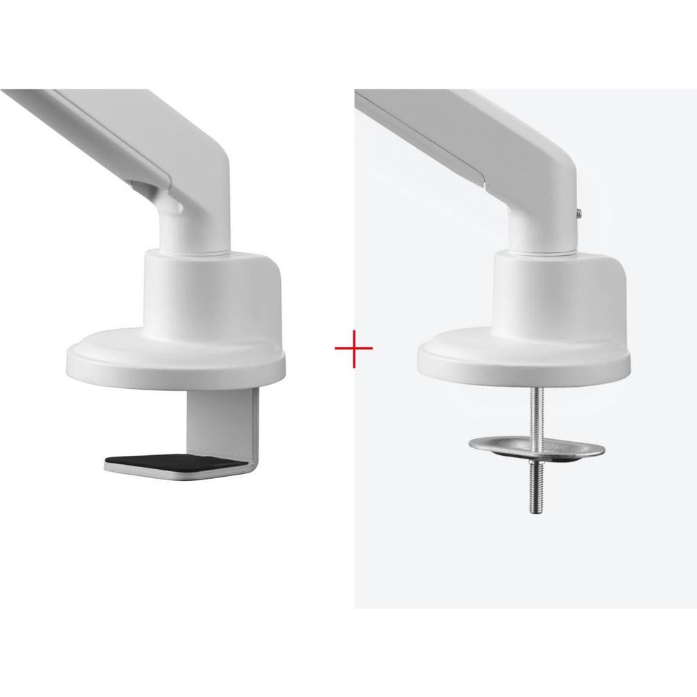 White monitor arm base with height adjustment and central tilt-style hardware
