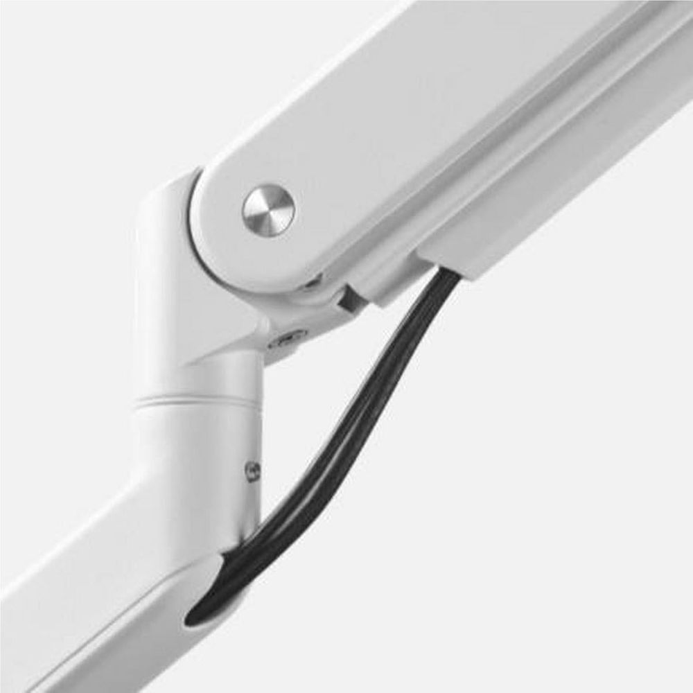 White monitor arm linkage with curved cable-routing channel and pivot fastener