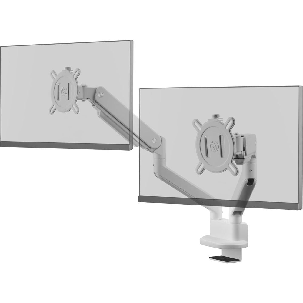 White dual monitor arm holding two monitors with articulated arms and mounting plates