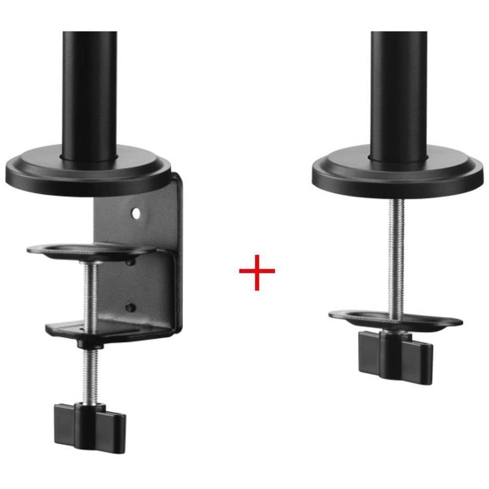 Black monitor arm mounting brackets with threaded adjustment rods and plates