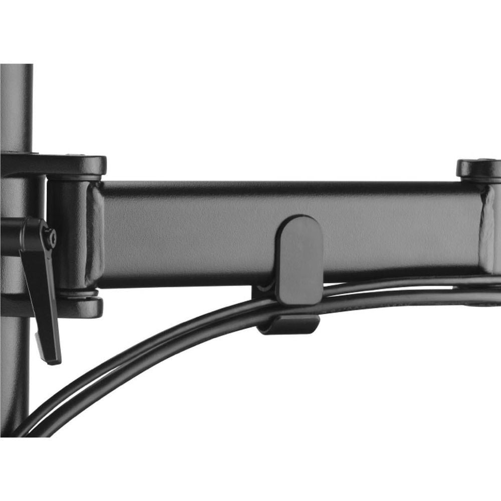 Black monitor arm with curved support bar and jointed mounting hardware
