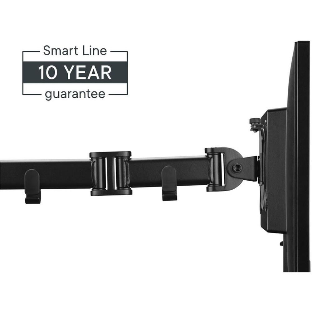 Black single monitor arm with multi-joint linkage and screen mounting brackets