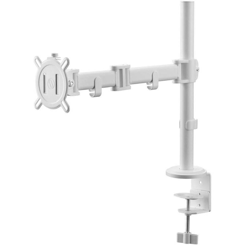 White single monitor arm with VESA mounting plate and adjustable pole stand