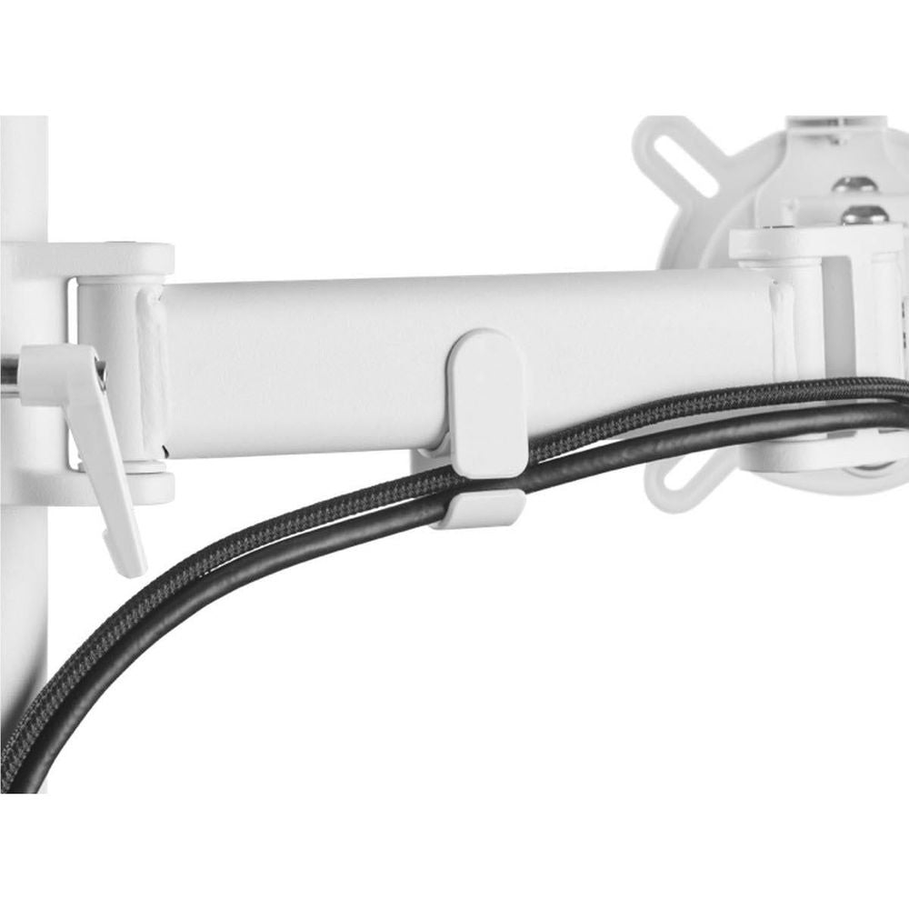 White monitor arm cable guard clip along the support bar