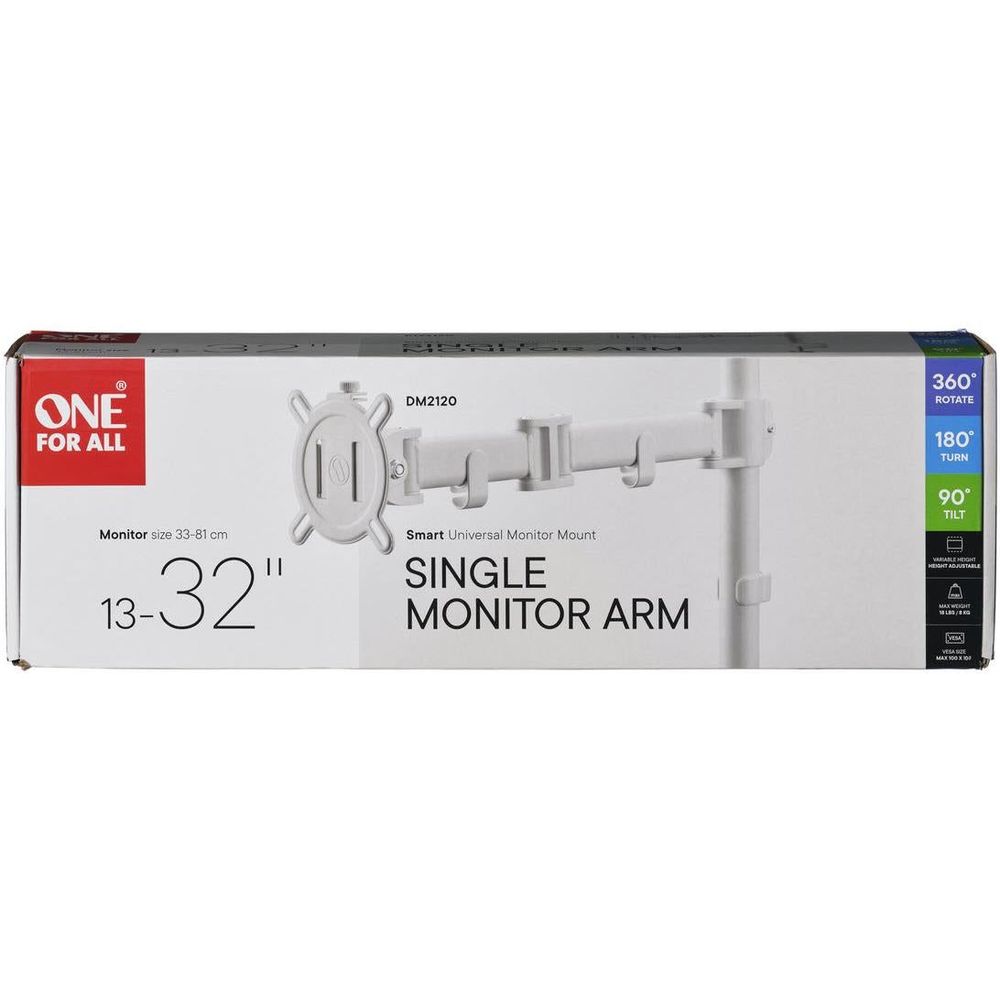 White One For All single monitor arm retail box packaging