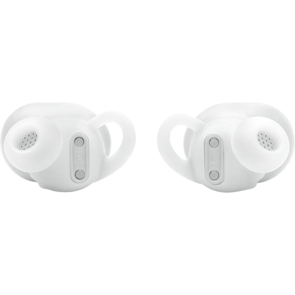 White JBL true wireless earbuds with speaker mesh and control button on stem