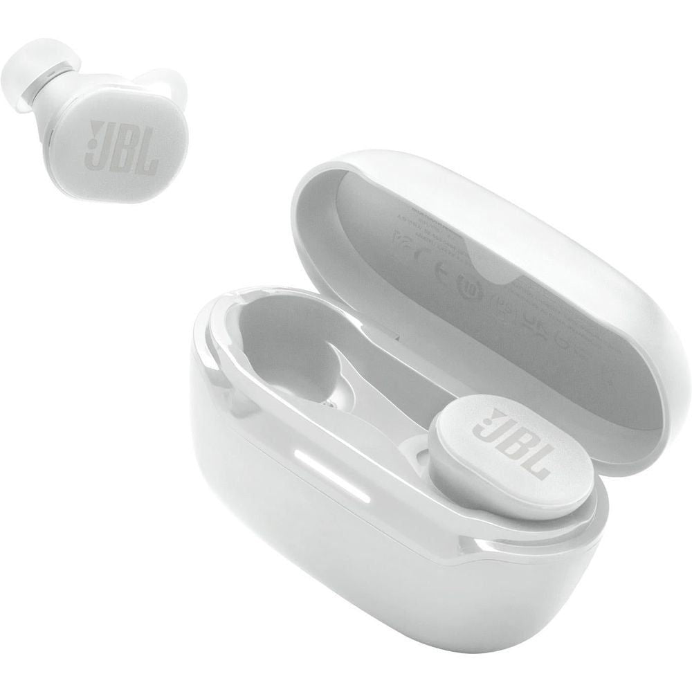 Open white charging case showing two JBL earbuds and charging pods